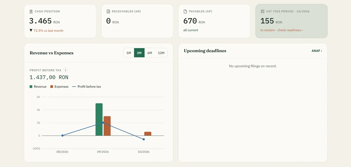 Un dashboard al unui client cu venituri și cheltuieli, numerar, datorii și creanțe.